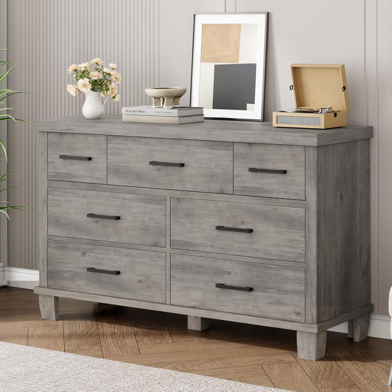 51" Wide 7 Drawer Dresser, Modern Wood Chest with Metal Handles for Bedroom, Black