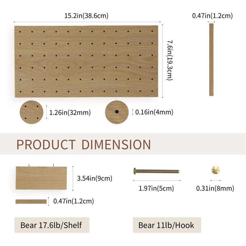 Wooden Pegboard, Sturdy Peg Board For Walls Modular Grid Organizer, DIY Storage And Display Panels With Shelves And Brass Hooks(Yellow)