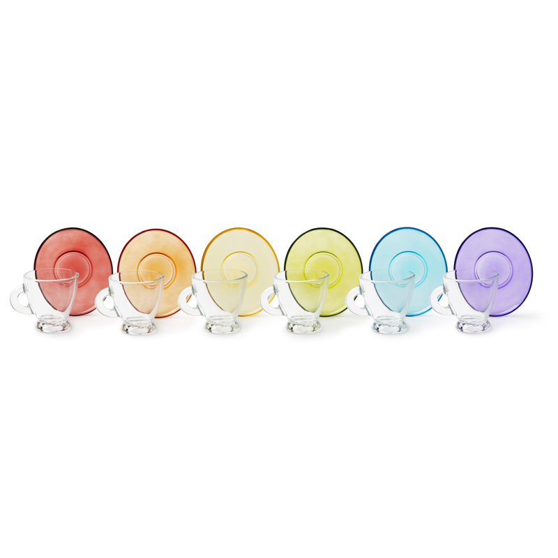 "PETRA" PACK OF 6 COLORLESS COFFEE CUPS W/ SAUCERS 9 CL, Transparent/Multicolor