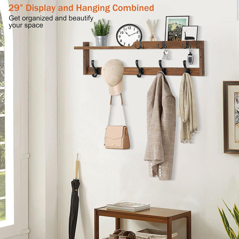 Wall Mounted Coat Rack With Shelf, Key Hooks And Mail Holder - Multi-Functional Entryway Organizer, Floating Shelf With Storage For Hats, Coats And Keys - Durable Solid Wood Construction