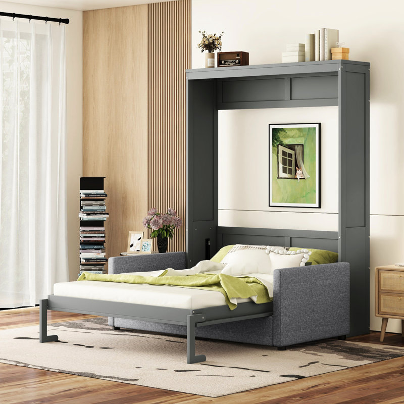 Grand lit gris avec rangement - confortable et mural pour les appartements, avec une conception intégrée fonctionnelle et de taille