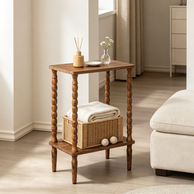 Narrow Side Table for Small Spaces, 2-Tier End Table with Open Storage, Slim Nightstand with Vintage Spindle Legs, Rustic Home Accent Furniture