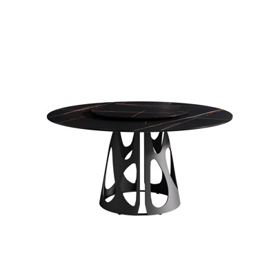 Table de salle à manger ronde de 60,3 po, base en métal noir, plateau en pierre frittée pour table tournante 6-8, 31,5 po et table élégante avec disque rotatif en fer, finition