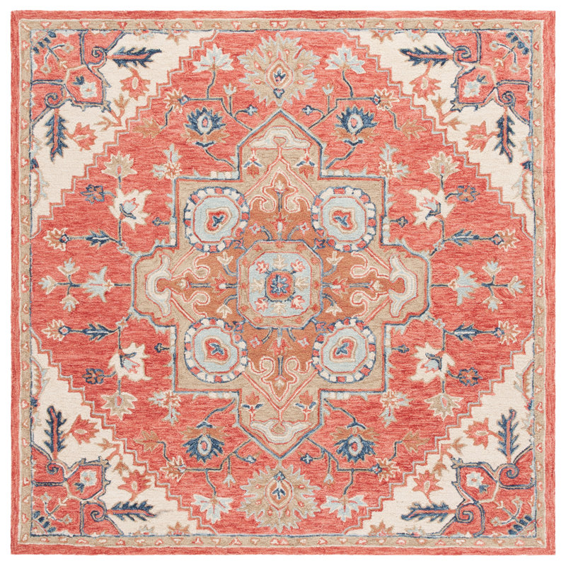 Tapis oriental rouge / beige en laine / coton touffeté à la main Solach, Carré 6 pi