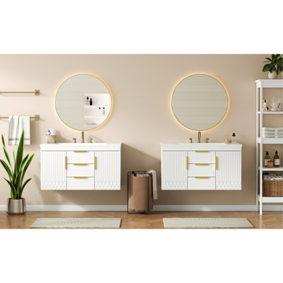 Meuble-lavabo mural 72 po, armoire de rangement flottante avec tiroirs, armoire de salle de bain en bois massif 72 po