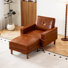Canapé simple en cuir brun avec repose-pieds de 35,4 po avec accoudoirs carrés et fauteuil de lecture rembourré moderne Mid-Century pour chambre à coucher