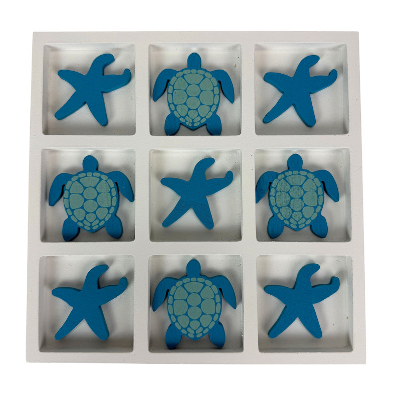 Décor de table de tortue de mer et d'étoile de mer en bois blanc et bleu Coastal Fancy That, 7,75 pouces de haut