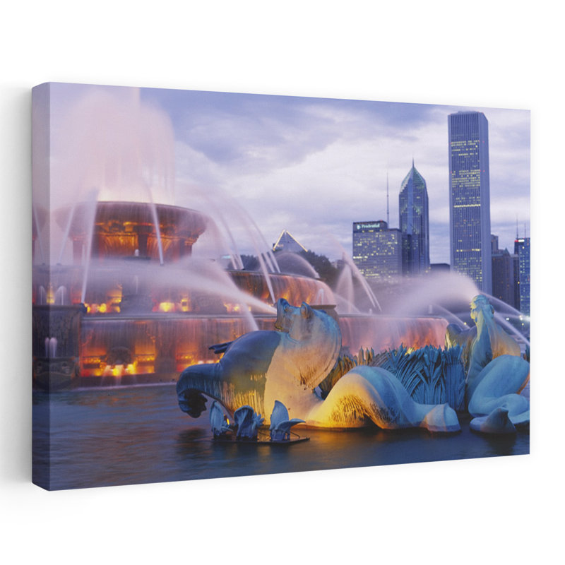 Fountains Lit Up At Dusk Buckingham Fountain Grant Park Chicago Illinois USA by Jerry Driendl Photography - Wrapped Canvas Print