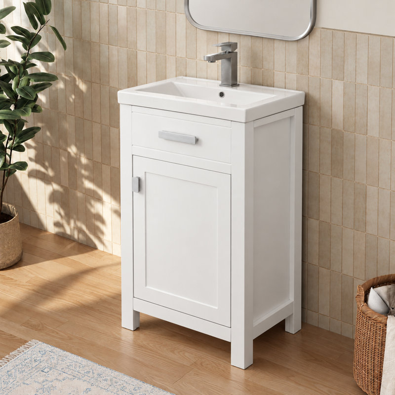 20''Mini Modern Freestanding Single Bathroom Vanity with Ceramic Top For Small Space, White