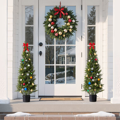 2Pcs Artificial Topiary Cedar Trees, 48 inch Faux Pine Shrubs Plants, Fake Silk Tree Look Real, Easy Assembly for Decor Front Porch Outdoor Patio Garden Balcony Backyard Indoor Office