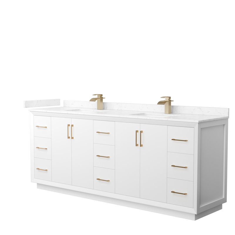 Ensemble de meuble-lavabo double 84 po Strada_Carrara, Marbre de culture blanc, Blanc, Bronze satiné