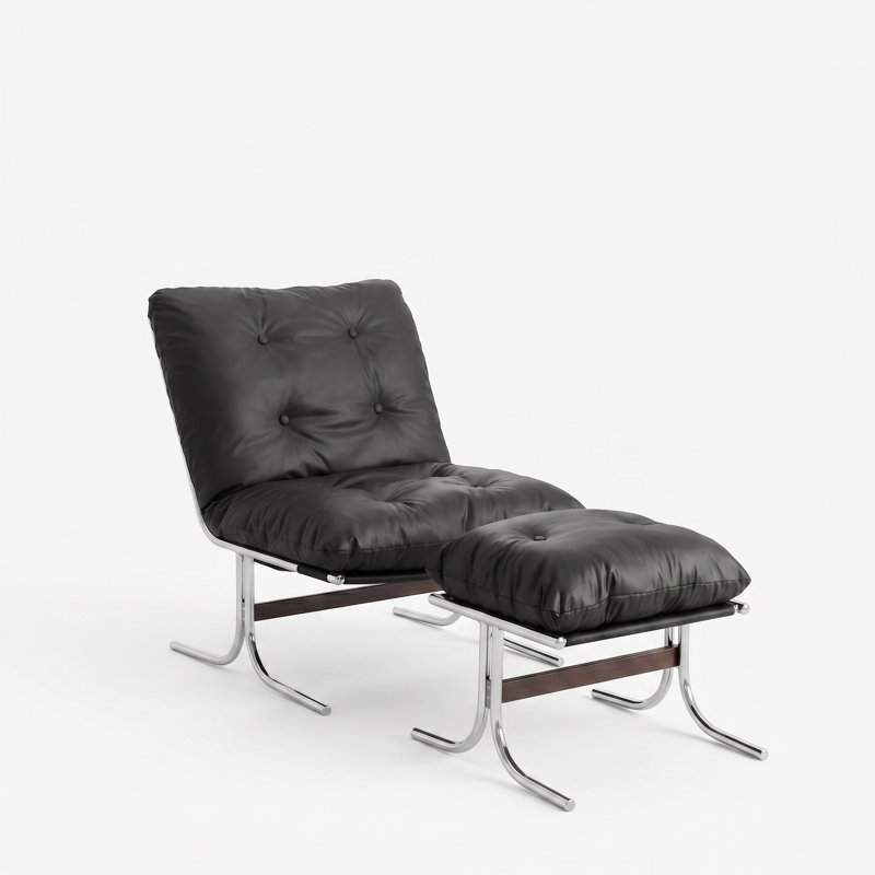 Mid-Century Modern Bauhaus Inspired Leather Lounge Chair With Ottoman Chrome Legs, Black
