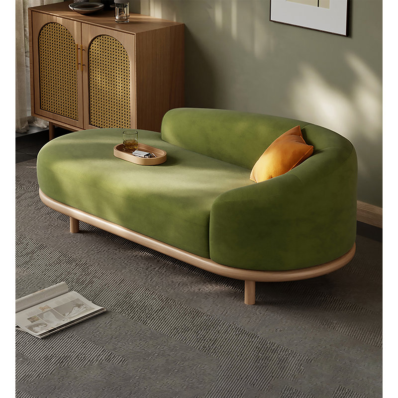 Chaise longue minimaliste et moderne en bois massif, coton et lin vert pour chambre et salon, Face à la droite