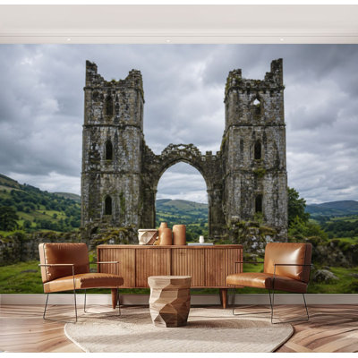 Wall Mural Peel and Stick Wallpaper Ancient Stone Castle Ruins Surrounded by Greenery Under Cloudy Sky Self-Adhesive Removable Contact Paper Wall Decor for Living Room Bedroom 69"H x 96"W