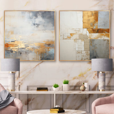 Minimalisme beige et doré vague horizon I - collages abstraits carrés, ensemble de 2 collages