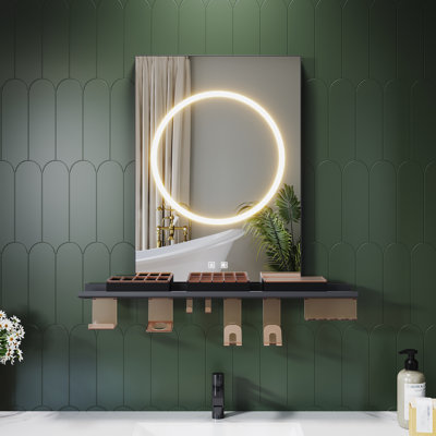 50cm-120cm LED Square Bathroom Mirror with Defogging Function and Shelf