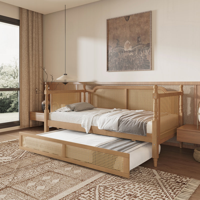 Lit de jour en rotin avec couchette, Lit simple, Noyer antique