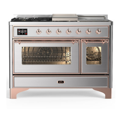 Cuisinière à double combustible ILVE Majestic III Series 48 po avec 5 brûleurs scellés, plaque de cuisson, table française (propane liquide, porte vitrée)
