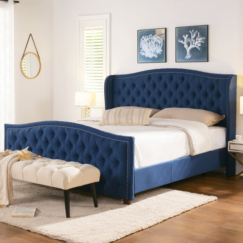 Coleman Upholstered Wingback Bed, King, Dark Sapphire Blue Velvet