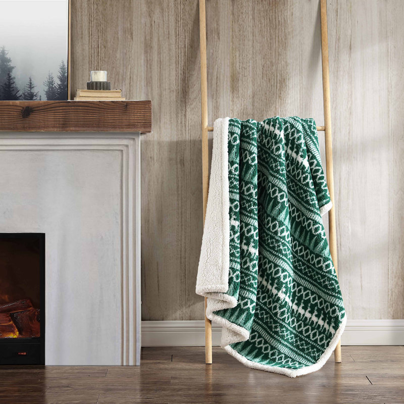 Green and White Reversible Sherpa Fleece Throw Blanket