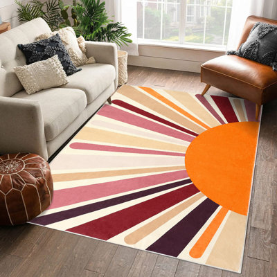 4x6 Area Rug, Machine Washable Colorful Area, Non Slip Rug for Living Room, Indoor Non-Slip Carpet, Modern Minimalist Front Door Mat, Sun Accent Rug for Bedroom, Playroom, Brown
