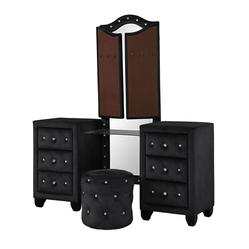 Ensemble de chambre avec coiffeuse 4 pièces Mikilah, Noir, Grand