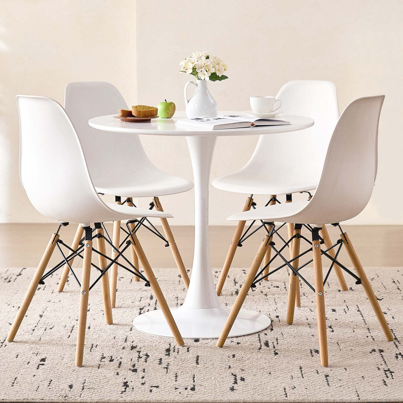 Ensemble de salle à manger moderne 5 pièces, table ronde tulipe de 80 cm avec 4 chaises, pied central en métal, chaises à assise en plastique et pieds en bois, blanc