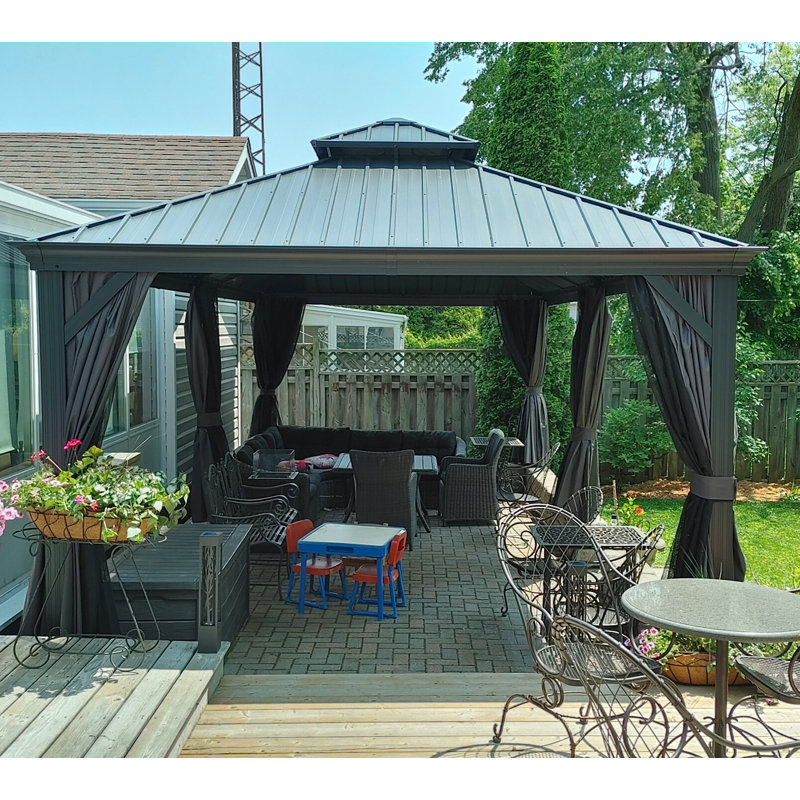 Pavillon de jardin permanent en aluminium 12 pi x 24 pi avec toit double en acier galvanisé pour terrasse et jardin, rideaux et filet inclus, gris