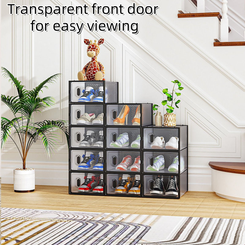 12-Piece Stackable Shoe Cabinet With Transparent Front Door Plastic Sneaker Storage Box