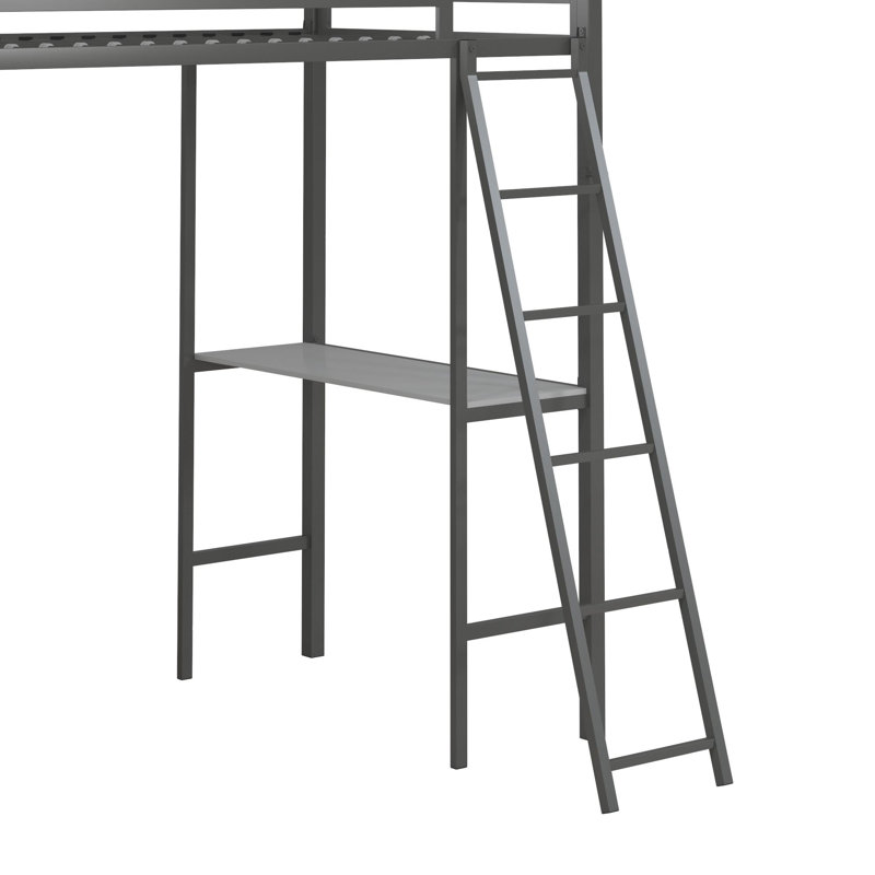 Gray Twin Metal Loft Bed with Desk and Shelves