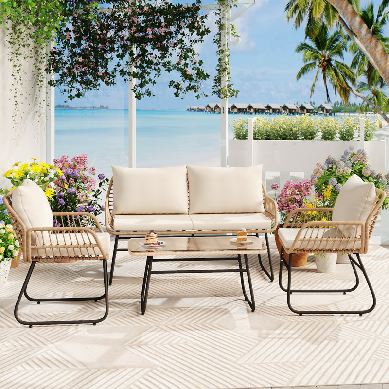 4-Piece Outdoor Patio Conversation Set with Cushions, for Garden, Backyard, Poolside, Beige