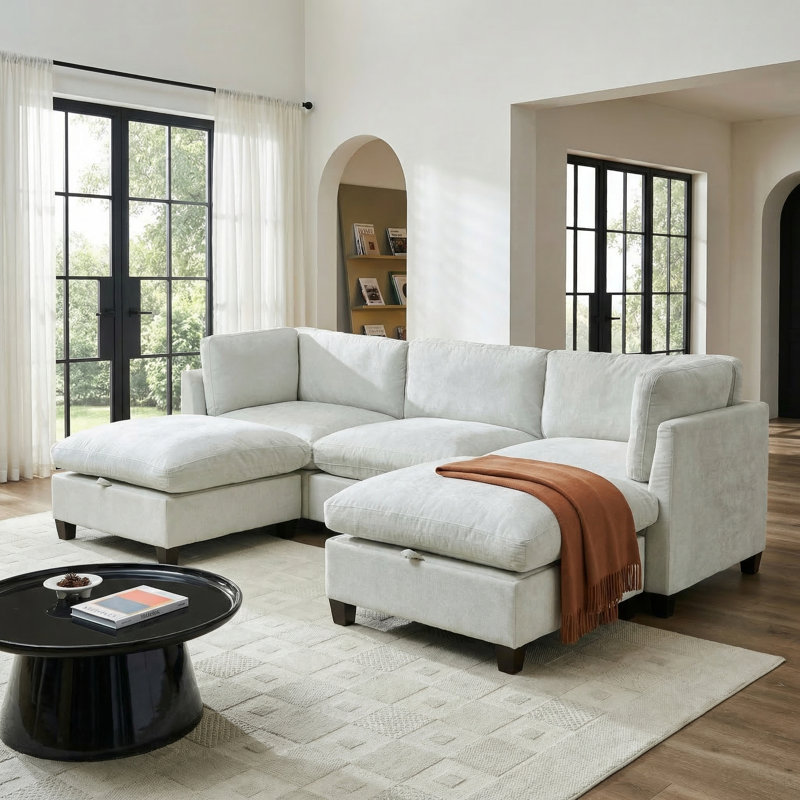 Canapé modulaire de 96,5 pouces avec rangement à trois places et deux repose-pieds en U, beige., Beige