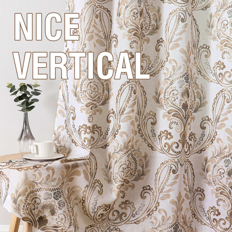 Linen Curtains Damask Floral Natural Linen Textured Curtains for Living Room Drapes Vintage Floral Pattern Privacy Added Light Filtering Mid-Century Style 2 Panels