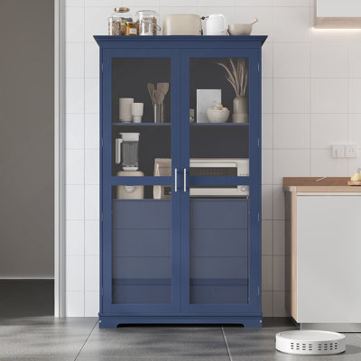 44.7X20x75inch Kitchen Pantry, Freestanding Kitchen Storage Cabinet Display Cabinet With Glass Doors And 4 Built-In Drawers For Living Room, Home Office, Blue