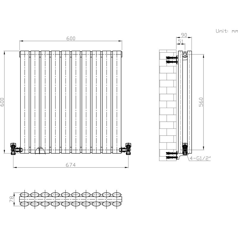 iBathUK Princia Horizontal Double Oval Panel Radiator, 600cm H x 600cm W x 79cm D, Grey
