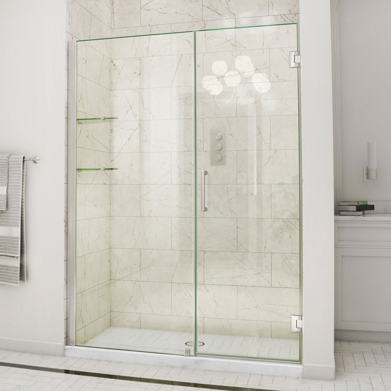 DreamLine Unidoor 56 - 57 inch W x 72 inch H Frameless Hinged Shower Door with Shelves in Brushed Nickel, Brushed Nickel, 57"