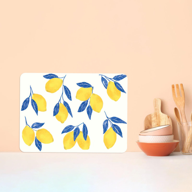 Planche à découper en verre à motif de citron bleu et jaune avec un motif de feuille moderne pour un transport et un service faciles