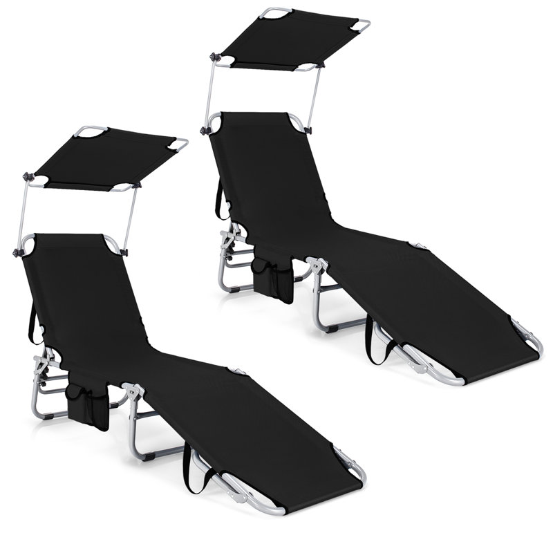  Set Of 2 Foldable Lounge Chair Adjustable Outdoor Beach Patio Recliner W/ Sun Shade
