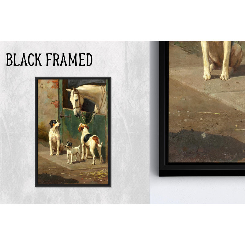 Reproduction d'art sur toile imprimée: Élégante scène de ferme de chien et de cheval, toiles à cadre noir 1P
