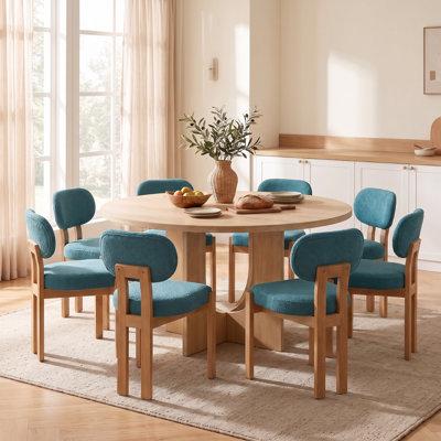 Bridgnorth Mid Century Wooden Dining Chairs Set of 8, Modern Chenille Upholstered Kitchen Chairs with Solid Wood Legs, Teal