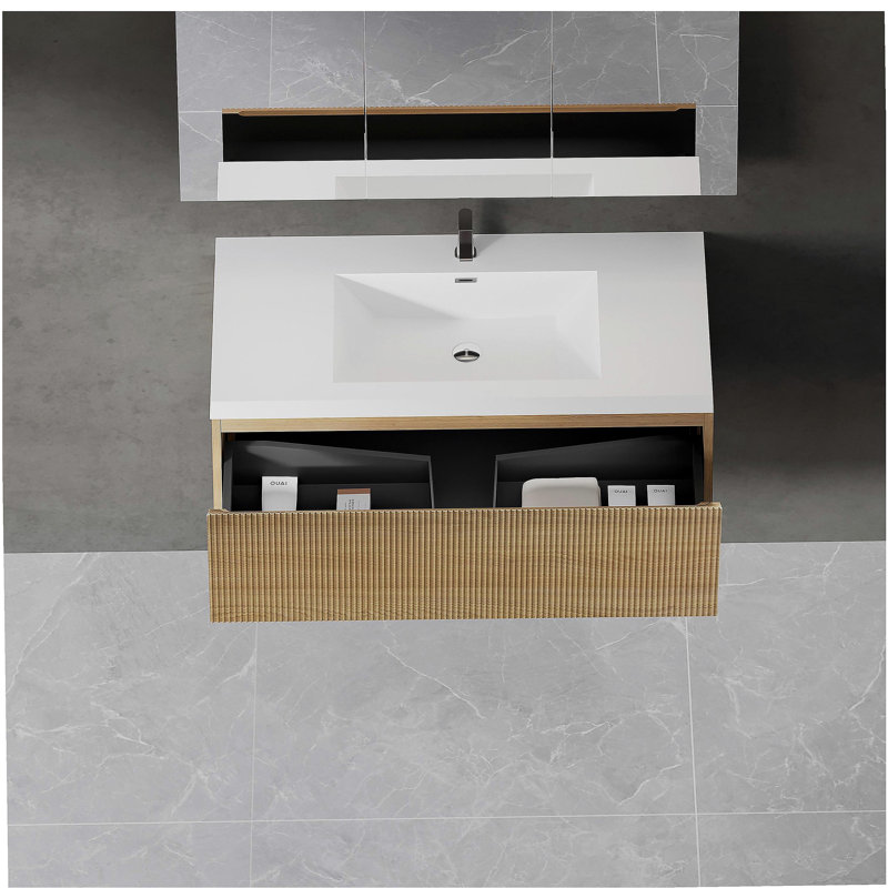 Meuble-lavabo mural 42 po avec lavabo flottant et surface en chêne blanc brillant entièrement assemblé, Chêne, 42", Blanc