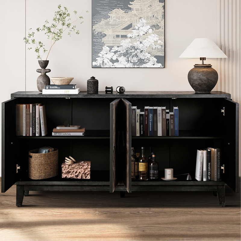 Buffet 60 po - Style antique pour la salle à manger 4 portes convexes, 2 tablettes réglables et rangement avec portes à motif concave