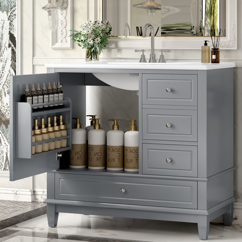 36" Modern Bathroom Vanity With Ceramic Top, Gray