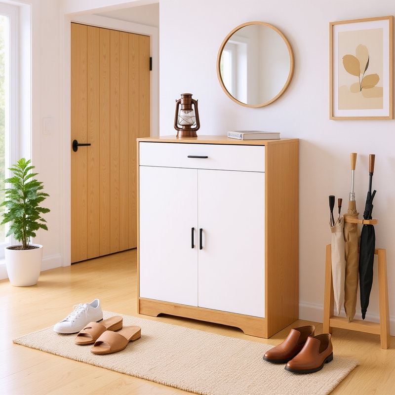 Armoire de rangement à chaussures à 4 niveaux avec tiroir, range-chaussures autoportant avec tablettes réglables et portes doubles pour vestibule, couloir, placard