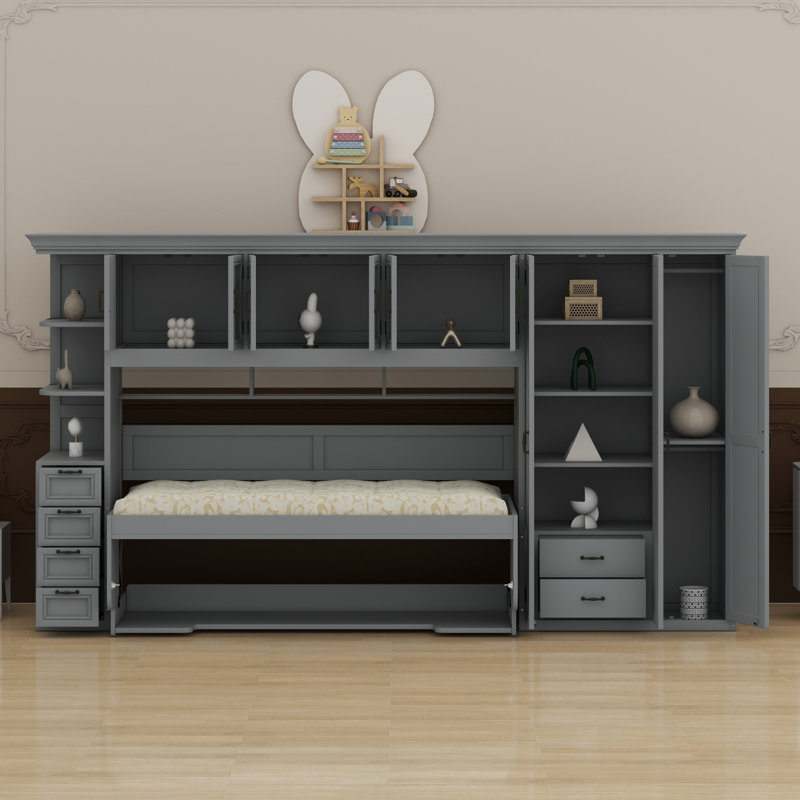 Lit escamotable mural avec garde-robe, armoire et bureau Murphy, Gris