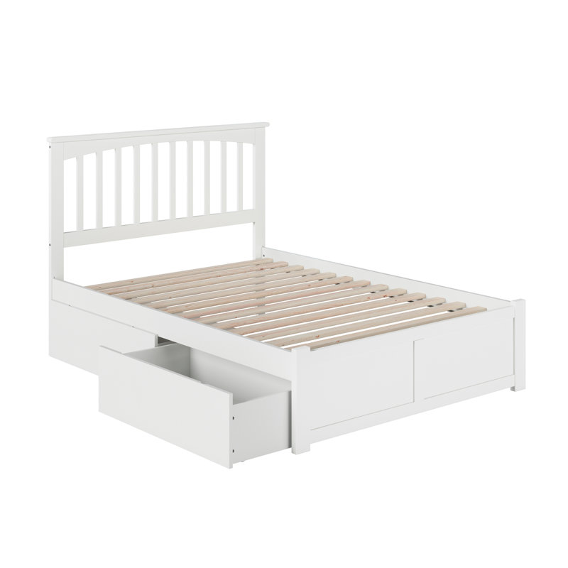 Lit plateforme en bois massif avec pieds de lit et tiroirs de rangement Mission, Lit double, White