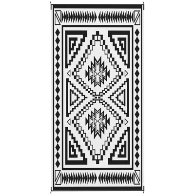Tapis d'extérieur réversible, polypropylène, L 215,7 po x l 107,9 po, 1 pièce, patchwork carré noir et blanc, avec sac de transport