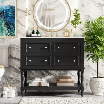 36" Freestanding Bathroom Vanity with Undermount Ceramic Sink, Solid Wood Frame Vanity Cabinet with 4 Drawers
