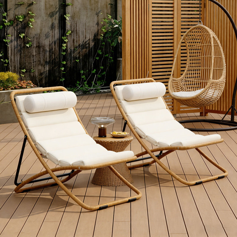 2-Pieces Outdoor Folding Chair, Rattan-Wrapped Patio Chair with Adjustable Backrest, Thick Cushion, and Detachable Headrest ,for the Poolside, Beach, Backyard, Decck, and Camping