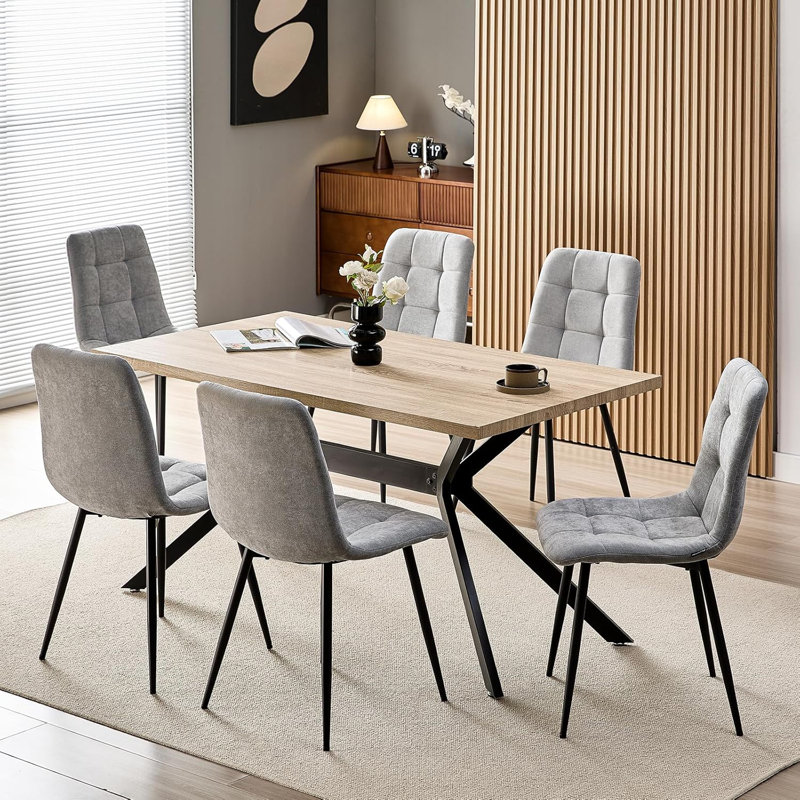 Linen Upholstered Dining Chairs with High Back and Metal Legs, Grey, 6